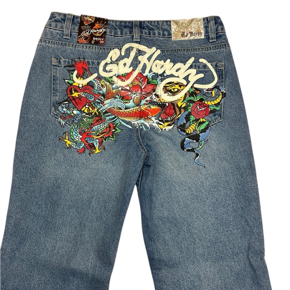NEW Ed Hardy Tattoo Koi Baggy Jeans Y2K Paint Splatter Multicolor Womens Size 30 - Picture 12 of 16